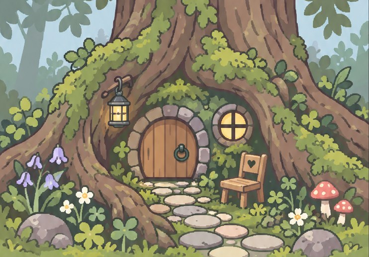 A tiny round wooden door tucked into the roots of a big tree, with a lantern, a pebble path and a little chair.